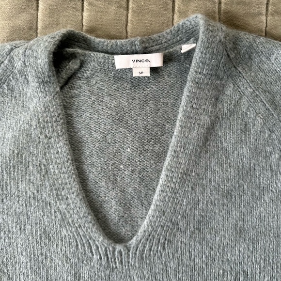 VINCE Mélange Merino Wool Cashmere Vneck Sweater Sea Foam Green - Picture 5 of 8